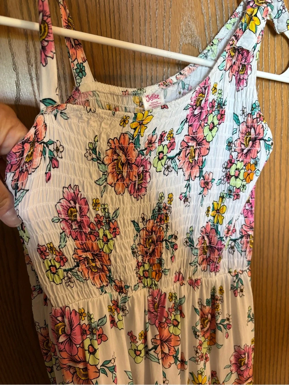 Justice White Dress with Bright Pink & Green Florals Print